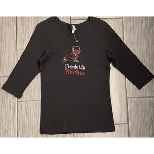 Woman’s Bedazzled “Drink Up Bitches” 3/4 Sleeve Cotton V-Neck Tshirt Black Med